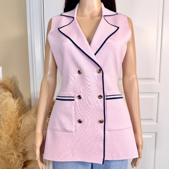 MUY MUY Jackets & Blazers - LIGHT PINK BLAZER VEST WITH NAVY BLUE TRIMMING AND POCKETS